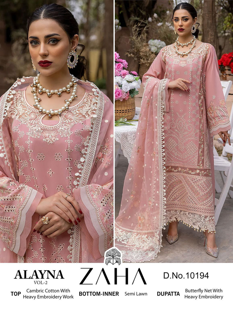 ZAHA Z 10194 CAMBRIC COTTON HEAVY EMBROIDERED DESIGNER STYLISH WITH HAND WORK PAKISTANI SUIT SINGLES