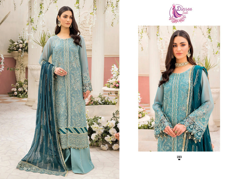 DINSAA D 213 FOX GEORGETTE HEAVY EMBROIDERED DESIGNER STYLISH WITH HAND WORK PAKISTANI SUIT SINGLES