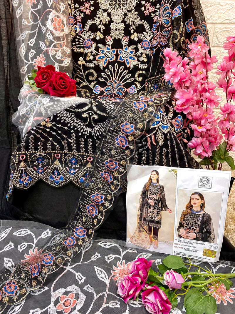 MUSHQ M 253 FOX GEORGETTE HEAVY EMBROIDERED DESIGNER STYLISH PARTY WEAR PAKISTANI SUIT SINGLES