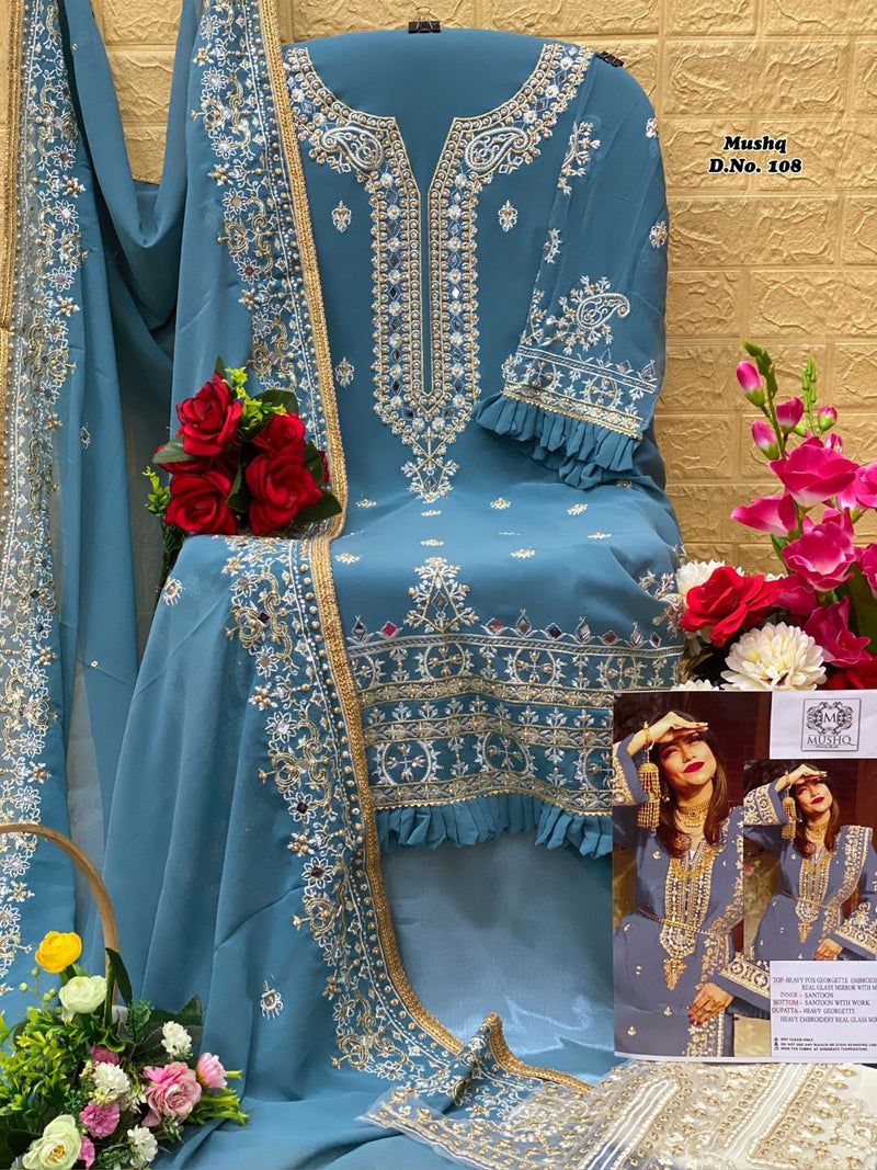 MUSHQ M 108 J FOX GEORGETTE HEAVY EMBROIDERED DESIGNER STYLISH WITH HAND WORK PAKISTANI SUIT SINGLES