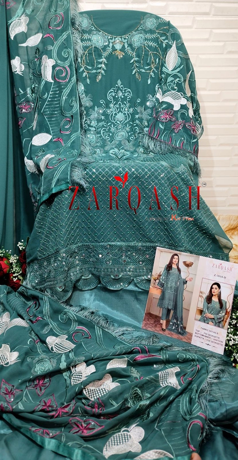 ZARQASH Z 3010 D FOX GEORGETTE HEAVY EMBROIDERED DESIGNER STYLISH WITH HAND WORK PAKISTANI SUIT SINGLES