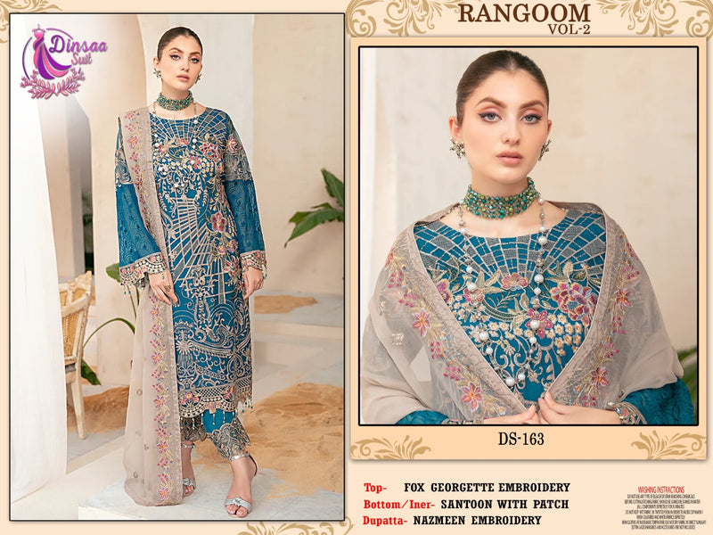 DINSAA D 163 FOX GEORGEETE EMBROIDERED WITH HEAVY HANDWOR KNAZMEEN HEAVY WORK FOUR SIDE LACE PAKISTANI SUIT SINGLES