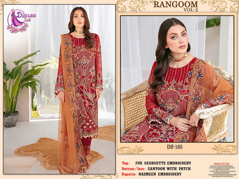 DINSAA D 165 FOX GEORGEETE EMBROIDERED WITH HEAVY HANDWORK NAZMEEN HEAVY WORK FOUR SIDE LACE PAKISTANI SUIT SINGLES