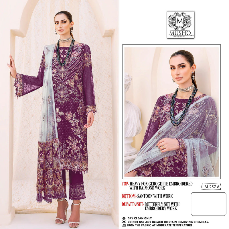 MUSHQ M  257 A FOX GEROGETTE EMBROIDERED WITH DAIMOND WORK DESIGNER STYLISH PAKISTANI SUIT SINGLES