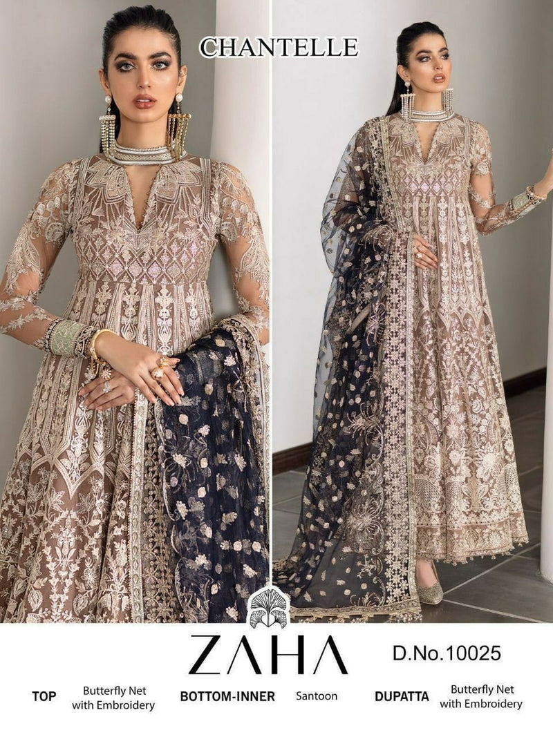 ZAHA Z 10025 HEAVY NET  BUTTERFLY NET WITH HEAVY EMBROIDERED DESIGNER STYLISH PAKISTANI SUIT SINGLES