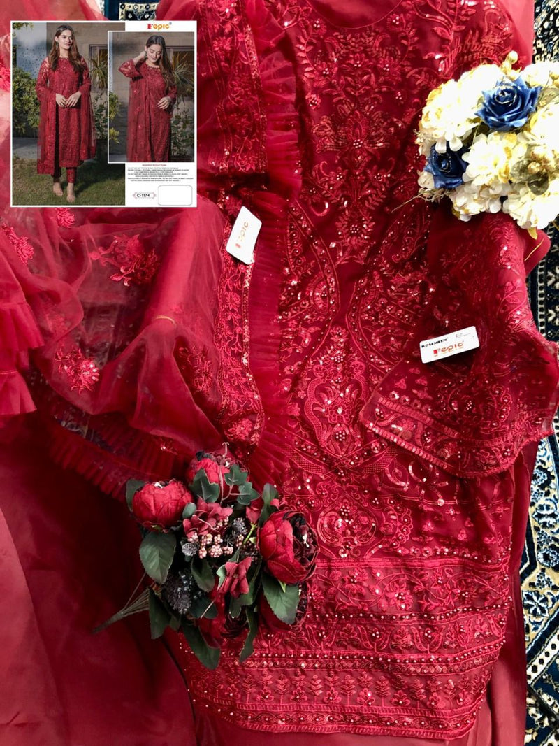 FEPIC 1174 A FOX GEORGETTE NET  EMBROIDERED WITH FOUR SIDED FRILL LACE DESIGNER STYLISH PAKISTANI SUIT SINGLES