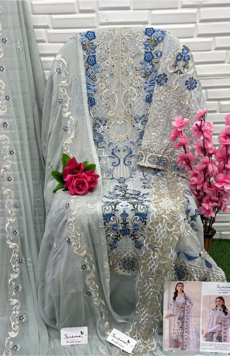 SERINE S 116 E FOX GEORGETTE HEAVY EMBROIDERED WITH DAIMOND PEARLS AND ACCESSORIES  PAKISTANI SUIT SINGLES