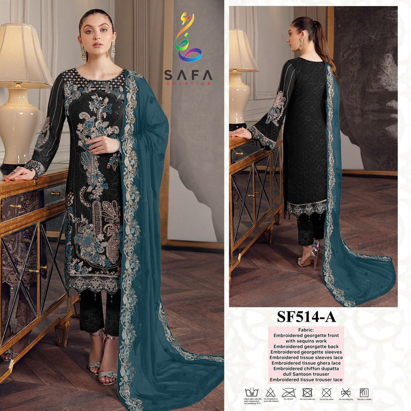 SAFA CREATION SF 514 A GEORGETTE HEAVY EMBROIDERED DESIGNER STYLISH WITH HAND WORK PAKISTANI SUIT SINGLES