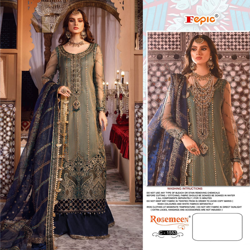 FEPIC 1553 HEAVY NET DUAL TONE NET EMBROIDERED AND LASER CUT WITH HEAVY HANDWORK DESIGNER STYLISH PAKISTANI SUIT SINGLES