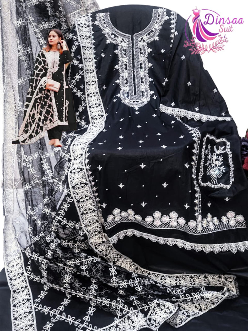 DINSAA D 204 COTTON WITH HEAVY SELF EMBROIDERED  WITH MOTI  BOTTOM SEMILAWN PAKISTANI SUIT SINGLES