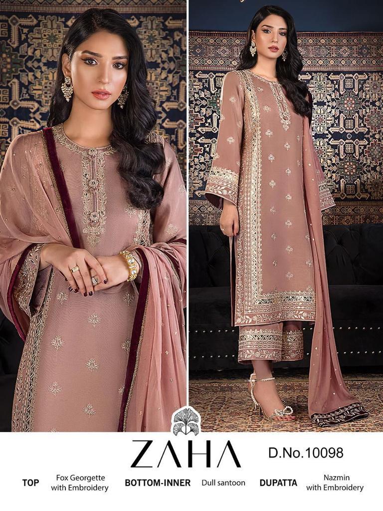 ZAHA Z 10098 FOX GEORGETTE NAZMIN WITH EMBROIDERED DESIGNER STYLISH PAKISTANI SUIT SINGLES