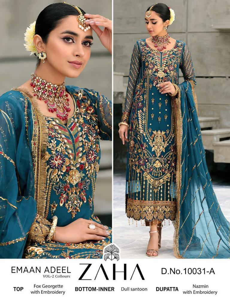 ZAHA Z 10031 A FOX GEORGETTE FOX GEORGETTE NAZMIN WITH EMBROIDERED DESIGNER STYLISH PAKISTANI SUIT SINGLES