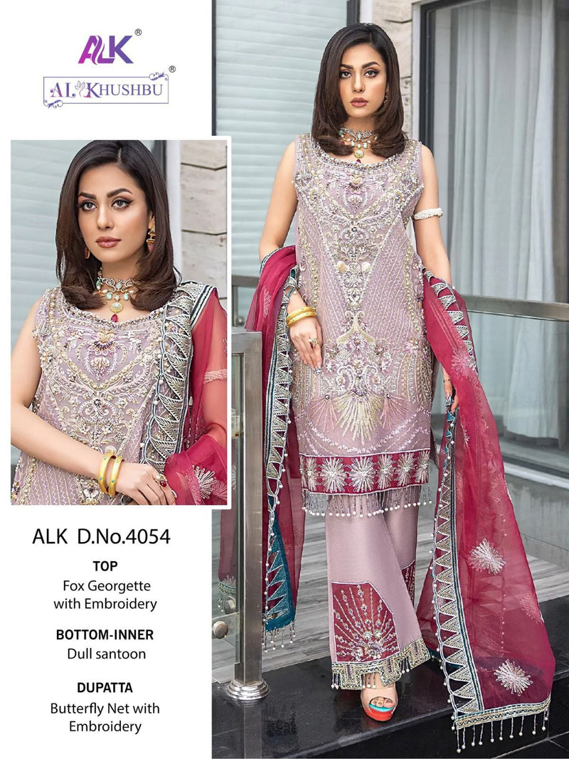 AL KHUSHBU ALK 4054 GEORGETTE WITH BUTERFLY NET HEAVY EMBROIDERED DESIGNER STYLISH PAKISTANI SUIT SINGLES