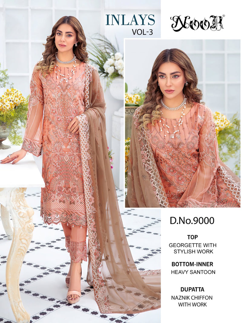 NOOR INLAYS 9000 GEORGETTE WITH HEAVY EMBROIDERED AND MOTI WORK PAKISTANI SUIT SINGLES