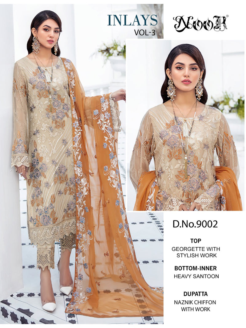 NOOR INLAYS 9002 GEORGETTE WITH HEAVY EMBROIDERED AND MOTI WORK PAKISTANI SUIT SINGLES