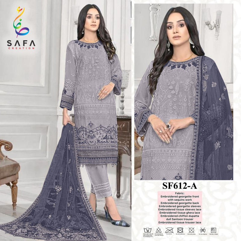 SAFA CREATION SF 612 A GEORGETTE WITH FULL DESIGNER EMBROIDERED AND ZARKHAN PAKISTANI SUIT SINGLES