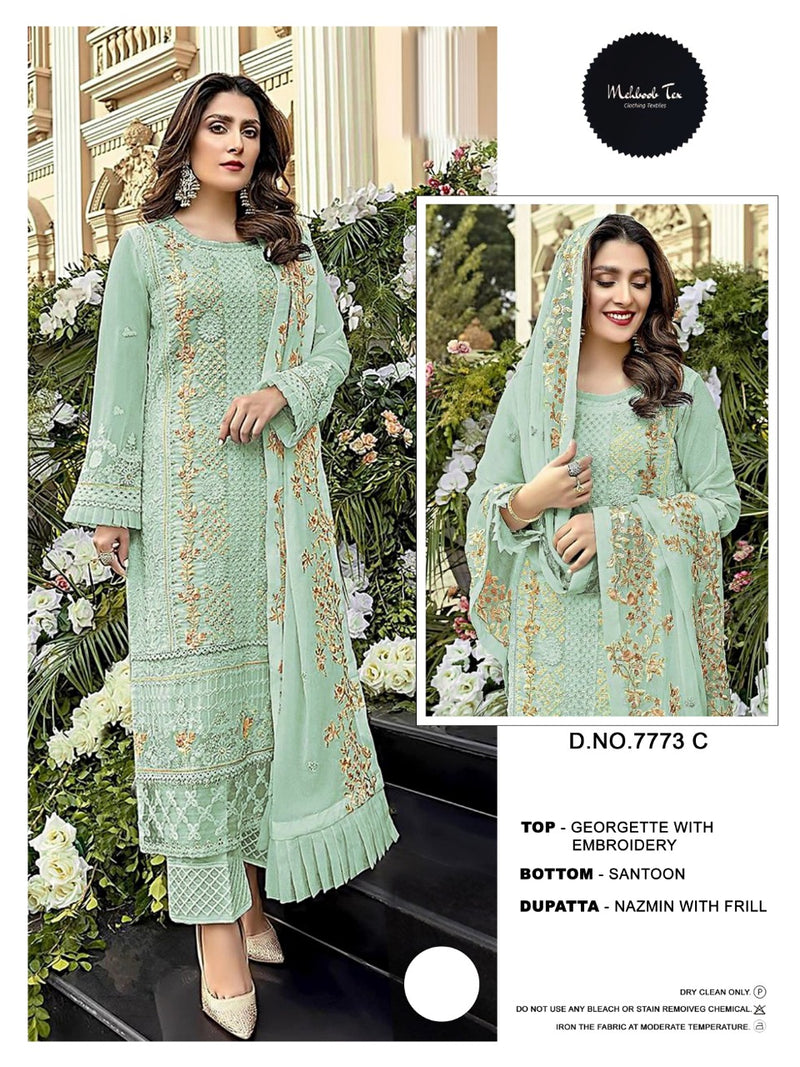 MEHBOOB TEX M 7773 GEORGETTE NAZMIN WITH HEAVY EMBROIDERED WORK WITH HAND WORK PAKISTANI SUIT SINGLES