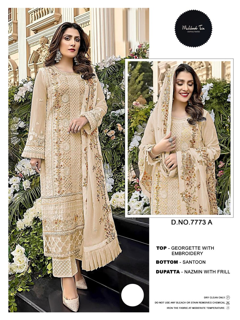 MEHBOOB TEX M 7773 A GEORGETTE NAZMIN WITH HEAVY EMBROIDERED WORK WITH HAND WORK PAKISTANI SUIT SINGLES