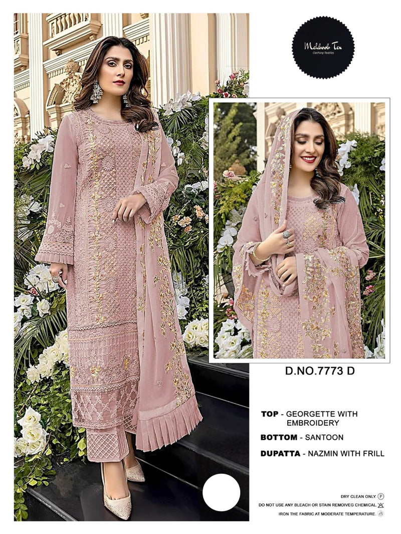 MEHBOOB TEX M 7773 D GEORGETTE NAZMIN WITH HEAVY EMBROIDERED WORK WITH HAND WORK PAKISTANI SUIT SINGLES