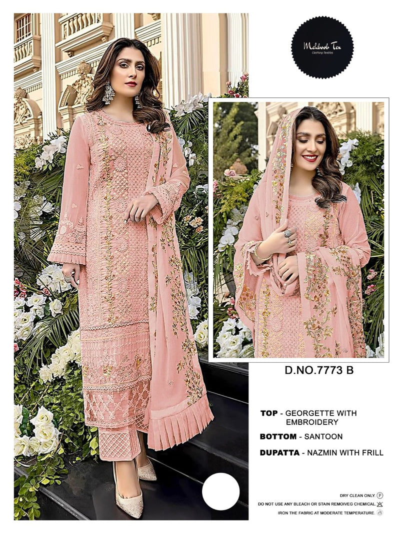 MEHBOOB TEX M 7773 B GEORGETTE NAZMIN WITH HEAVY EMBROIDERED WORK WITH HAND WORK PAKISTANI SUIT SINGLES