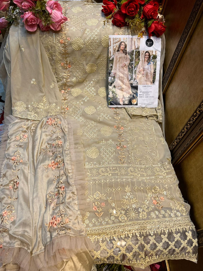 MEHBOOB TEX M 7773 A GEORGETTE NAZMIN WITH HEAVY EMBROIDERED WORK WITH HAND WORK PAKISTANI SUIT SINGLES