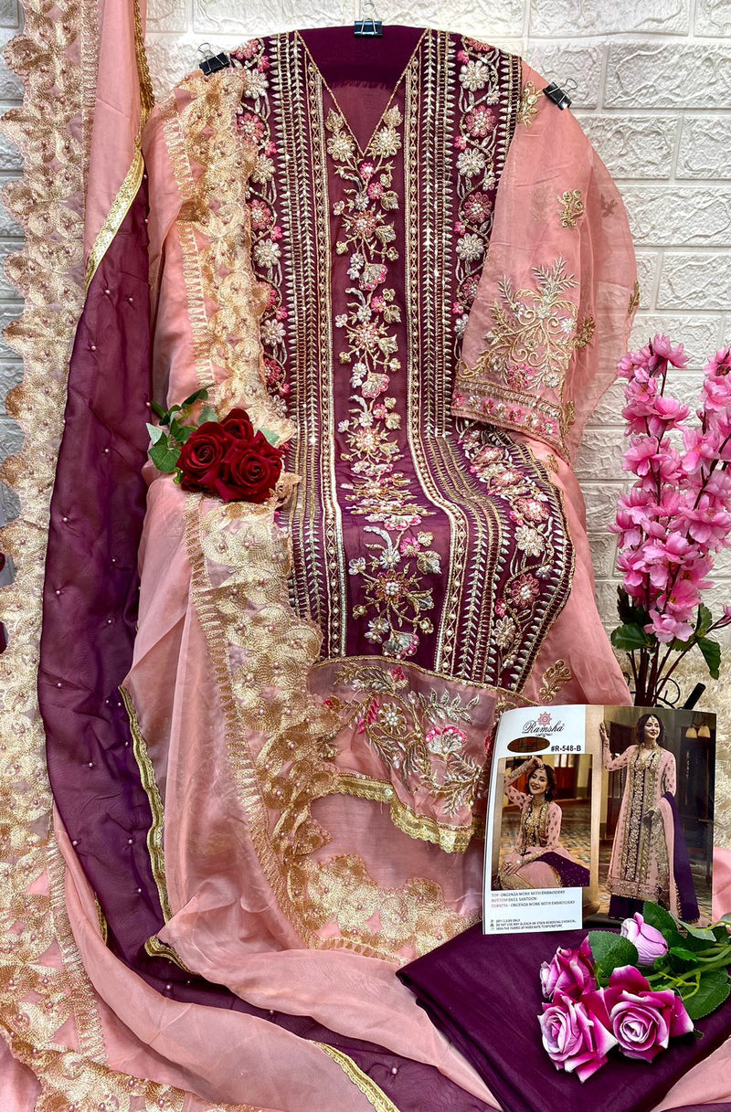 RAMSHA R 548 B ORGANZA WITH HEAVY EMBROIDERED DESIGNER STYLISH WEDDING WEAR PAKISTANI SUIT SINGLES