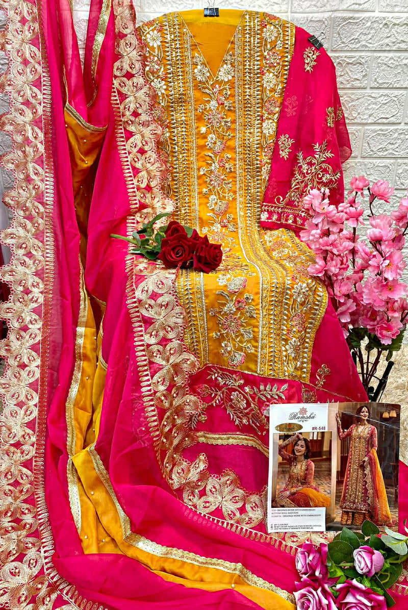 RAMSHA R 548 A ORGANZA WITH HEAVY EMBROIDERED DESIGNER STYLISH WEDDING WEAR PAKISTANI SUIT SINGLES