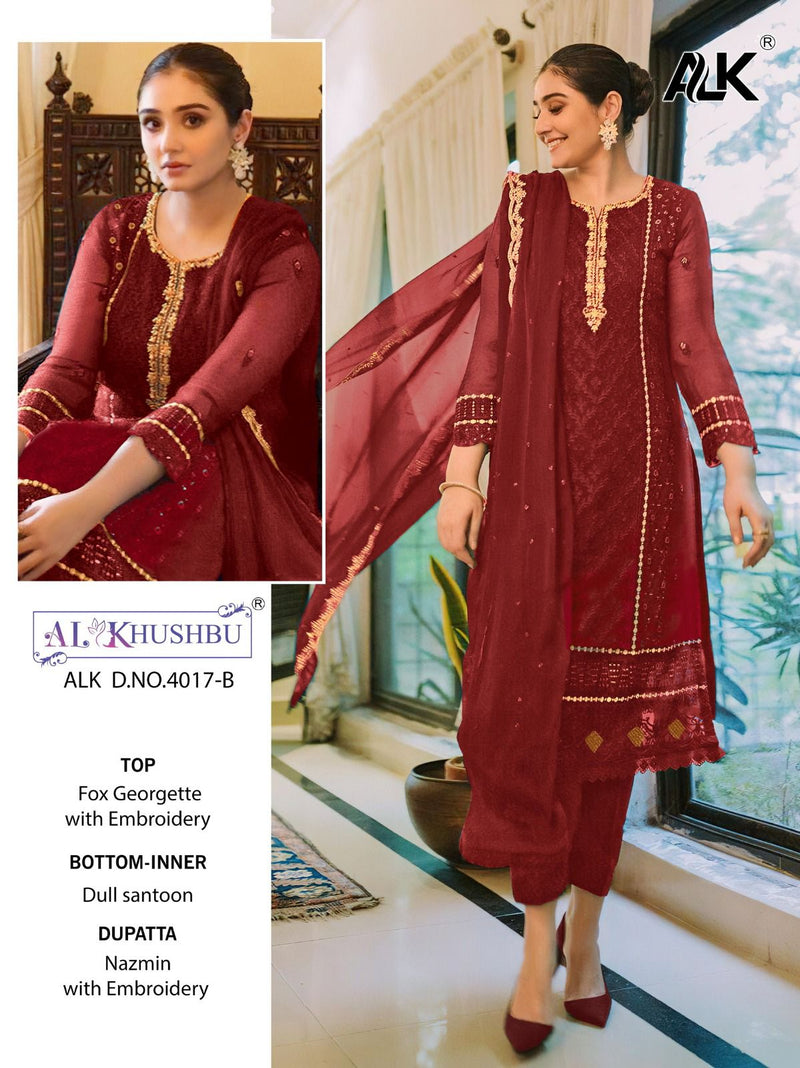 AL KHUSHBU 4017 B GEORGETTE WITH HEAVY EMBROIDERED AND HANDWORK PAKISTANI SUIT SINGLES