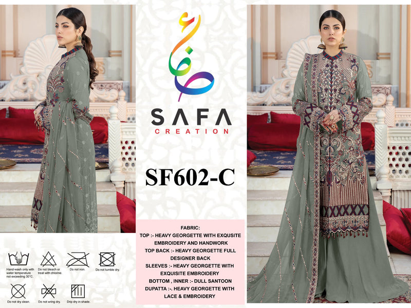 SAFA CREATION SF 602 C GEORGETTE WITH EMBROIDERED AND FULL HANDWORK DESIGNER PAKISTANI SUIT SINGLES
