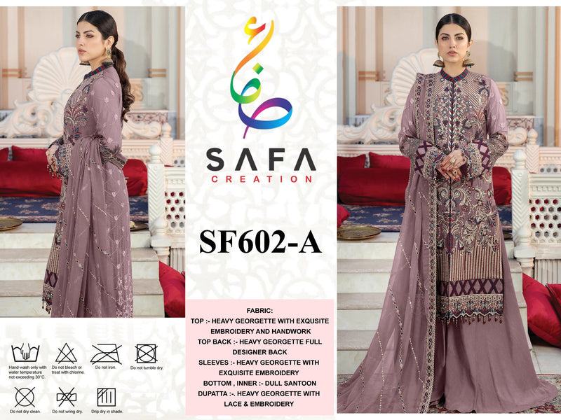 SAFA CREATION SF 602 A GEORGETTE WITH EMBROIDERED AND FULL HANDWORK DESIGNER PAKISTANI SUIT SINGLES