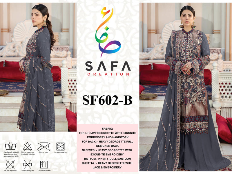 SAFA CREATION SF 602 B GEORGETTE WITH EMBROIDERED AND FULL HANDWORK DESIGNER PAKISTANI SUIT SINGLES
