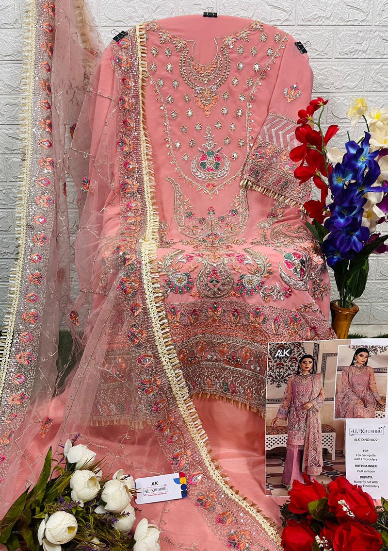 AL KHUSHBU ALK 4022 GEORGETTE WITH HEAVY EMBROIDERED DESIGNER AND HANDWORK STYLIAH PAKISTANI SUIT SINGLES