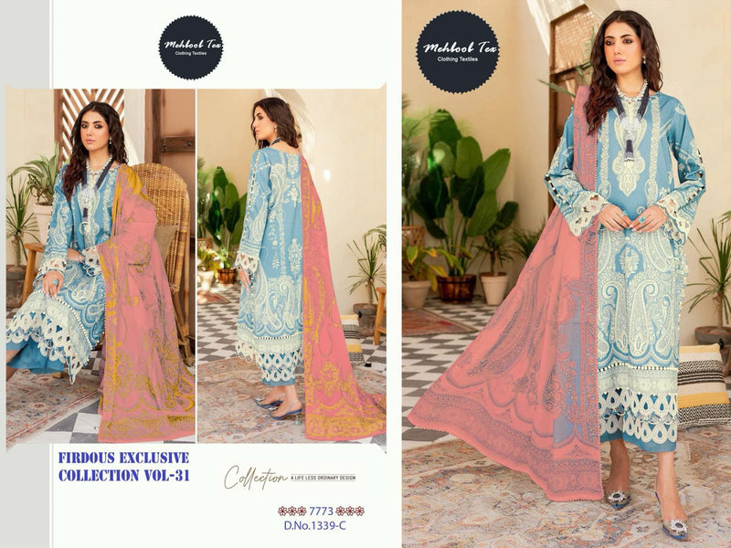 MEHBOOB TEX DNO 1339 C PURE COTTON EMBROIDERED DESIGNER STYLISH WITH HAND WORK PAKISTANI SUIT SINGLES