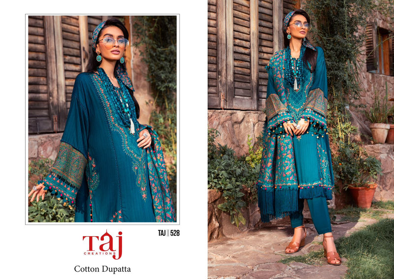 TAJ DNO 528 PURE COTTON PRINT HEAVY EMBROIDERY PAKISTANI SUIT SINGLES