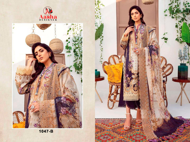 AASHA 1047 B PURE COTTON PRINT HEAVY EMBROIDERY PATCHES WORK CASUAL WEAR PAKISTANI SUIT