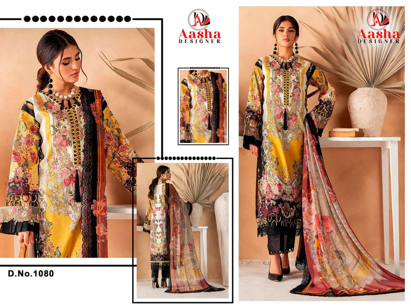 AASHA 1080 PURE COTTON PRINT HEAVY EMBROIDERY PATCHES WORK CASUAL WEAR PAKISTANI SUIT