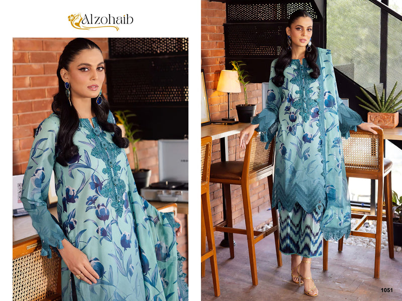 ALZOHAIB 1051 PURE COTTON PRINT WITH EMBORIDERY SELF WORK CASUAL WEAR SUIT