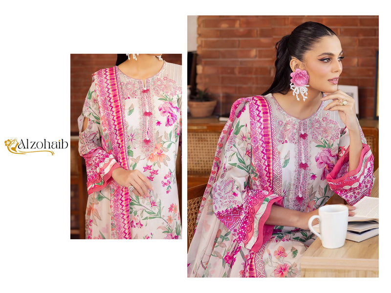 ALZOHAIB 1050 PURE COTTON PRINT WITH EMBORIDERY SELF WORK CASUAL WEAR SUIT