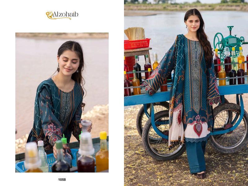 ALZOHAIB 1058 PURE COTTON PRINT WITH EMBORIDERY SELF WORK CASUAL WEAR SUIT