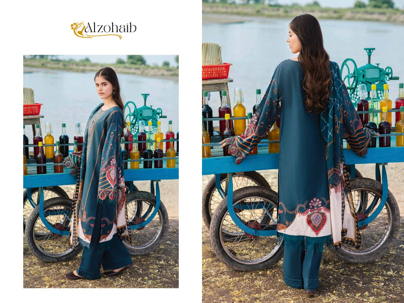 ALZOHAIB 1058 PURE COTTON PRINT WITH EMBORIDERY SELF WORK CASUAL WEAR SUIT