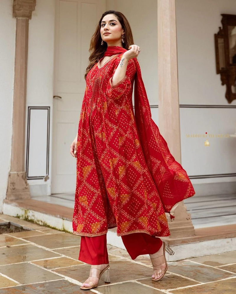 SUROOP 02 RED COTTON WITH INTRICATE EMBROIDERY AND TIMELESS BANDHANI PRINT KURTI