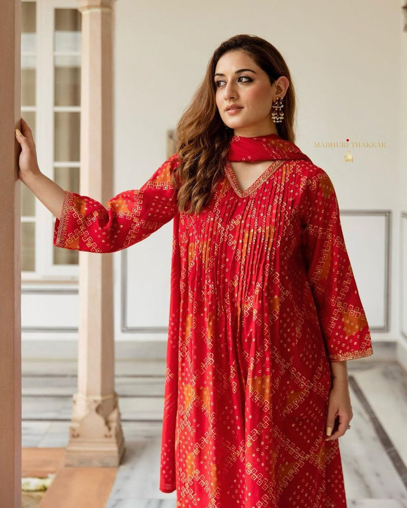 SUROOP 02 RED COTTON WITH INTRICATE EMBROIDERY AND TIMELESS BANDHANI PRINT KURTI