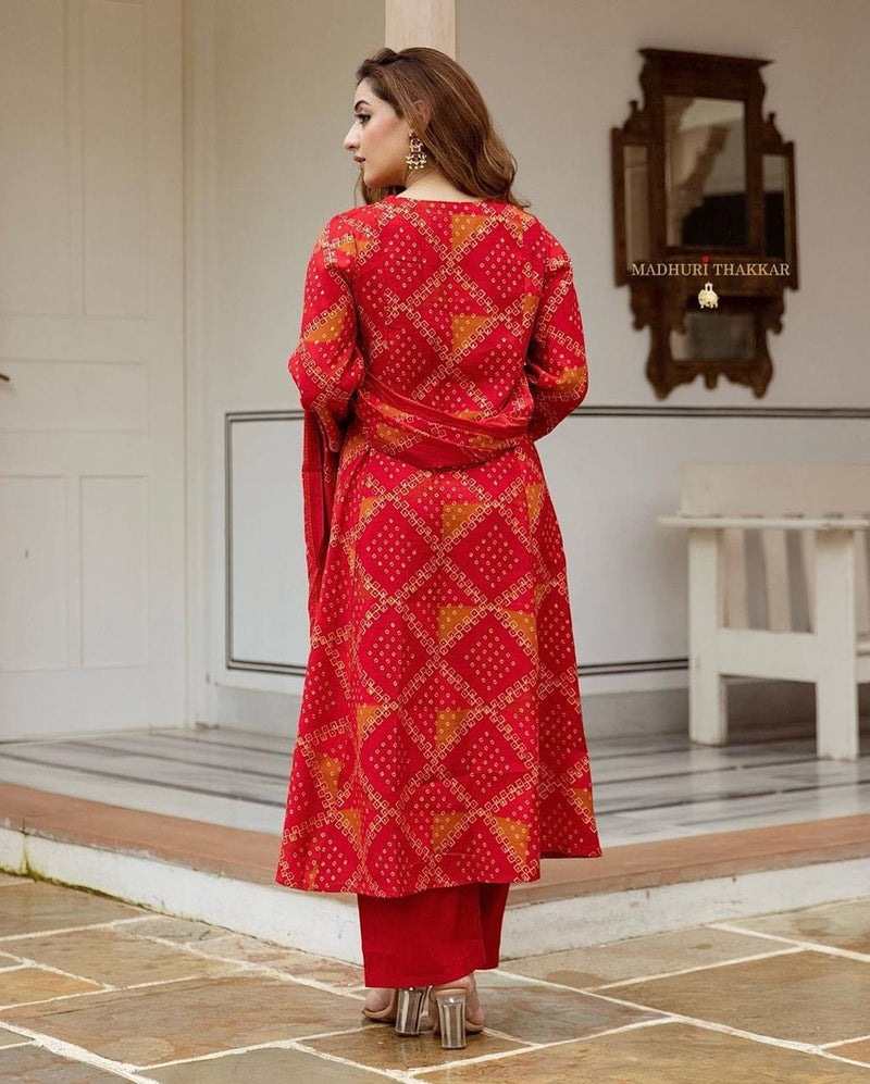 SUROOP 02 RED COTTON WITH INTRICATE EMBROIDERY AND TIMELESS BANDHANI PRINT KURTI