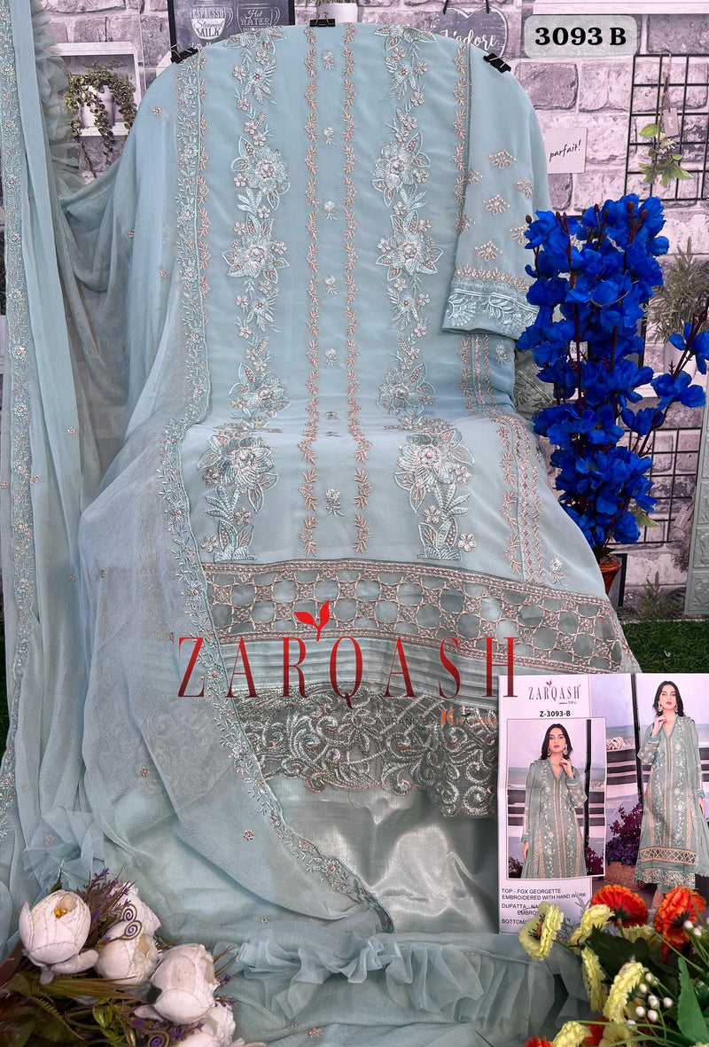 ZARQASH 3093 B GEORGETTE FABRICS HEAVY EMBROIDERED KHATLI WORK PAKISTANI SUIT