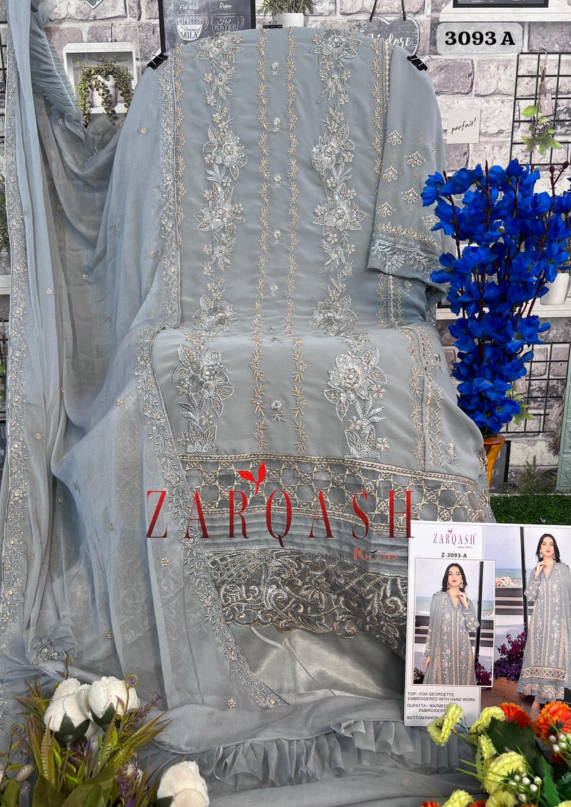 ZARQASH 3093 A GEORGETTE FABRICS HEAVY EMBROIDERED KHATLI WORK PAKISTANI SUIT