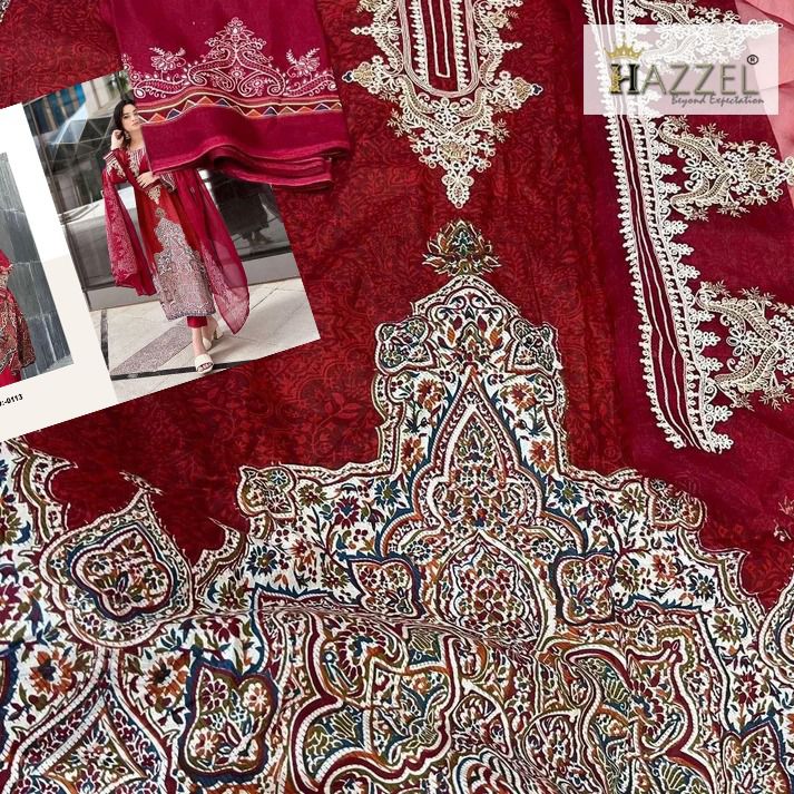 HAZZLE 0113 PURE COTTON PRINT WITH EXCLUSIVE EMBROIDERY PATCHES PAKISTANI SUIT