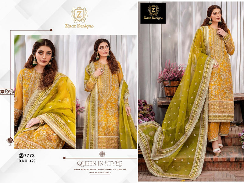 ZIAAZ 429 GEORGETTE EMBROIDERED VERY BEAUTIFUL SHADE MUSTARD WITH LEMON CONTRAST SUIT