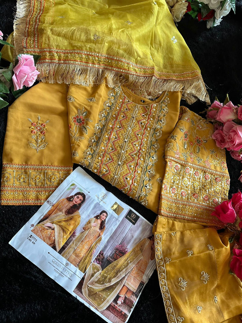 ZIAAZ 429 GEORGETTE EMBROIDERED VERY BEAUTIFUL SHADE MUSTARD WITH LEMON CONTRAST SUIT