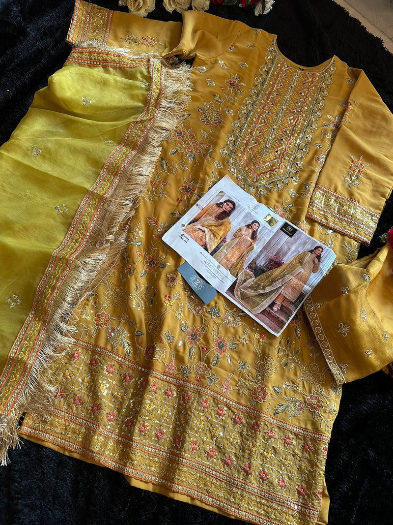 ZIAAZ 429 GEORGETTE EMBROIDERED VERY BEAUTIFUL SHADE MUSTARD WITH LEMON CONTRAST SUIT