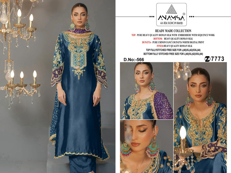 ANAMSA 566 HEAVY PURE ROMAN SILK WITH HEAVY EMBROIDERED SEQUENCE N MOTI WORK SUIT